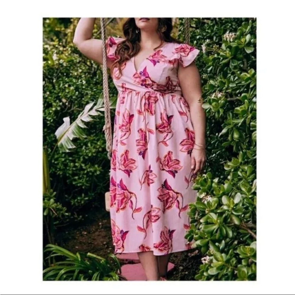 50%offw❤️ ELOQUII Elements Plus Size Surplice Pink Floral Ruffle Midi Dress size